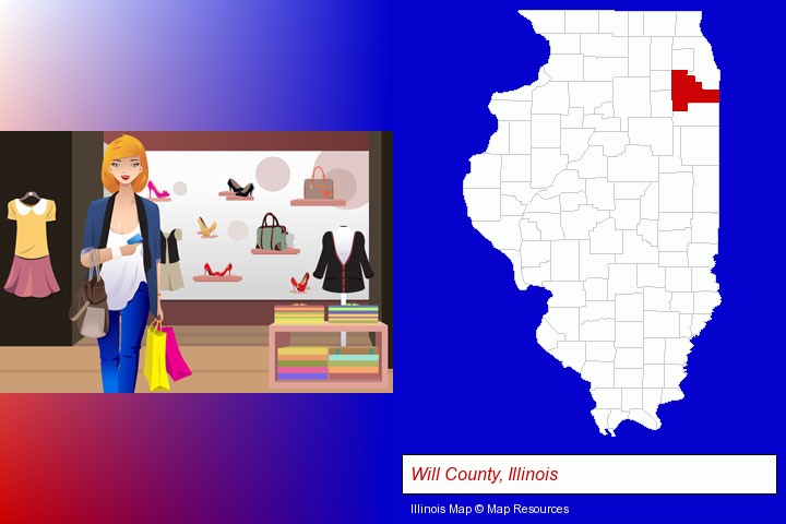 a woman shopping in a clothing store; Will County, Illinois highlighted in red on a map
