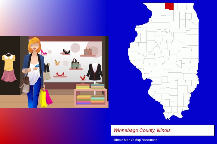 a woman shopping in a clothing store; Winnebago County, Illinois highlighted in red on a map
