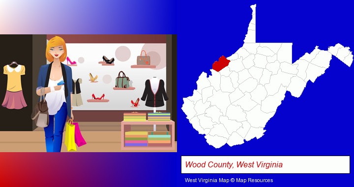 a woman shopping in a clothing store; Wood County, West Virginia highlighted in red on a map