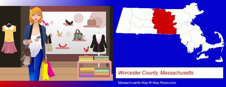 a woman shopping in a clothing store; Worcester County, Massachusetts highlighted in red on a map