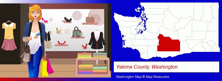 a woman shopping in a clothing store; Yakima County, Washington highlighted in red on a map