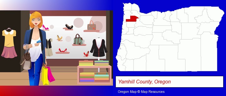 a woman shopping in a clothing store; Yamhill County, Oregon highlighted in red on a map