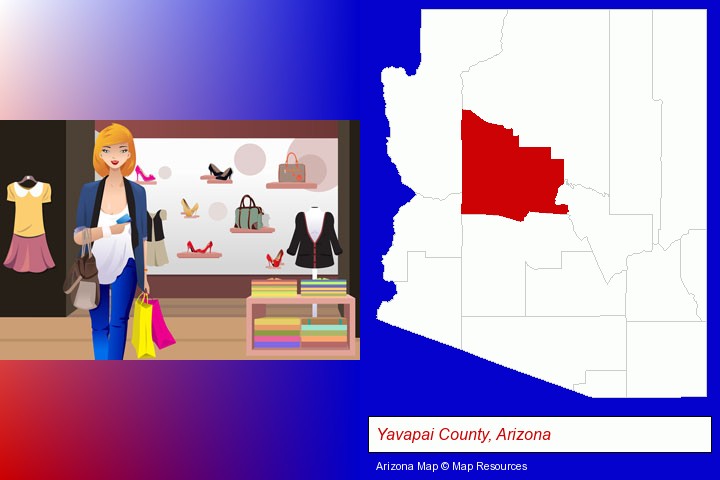 a woman shopping in a clothing store; Yavapai County, Arizona highlighted in red on a map