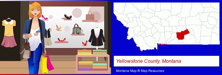 a woman shopping in a clothing store; Yellowstone County, Montana highlighted in red on a map