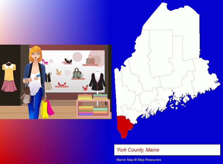 a woman shopping in a clothing store; York County, Maine highlighted in red on a map