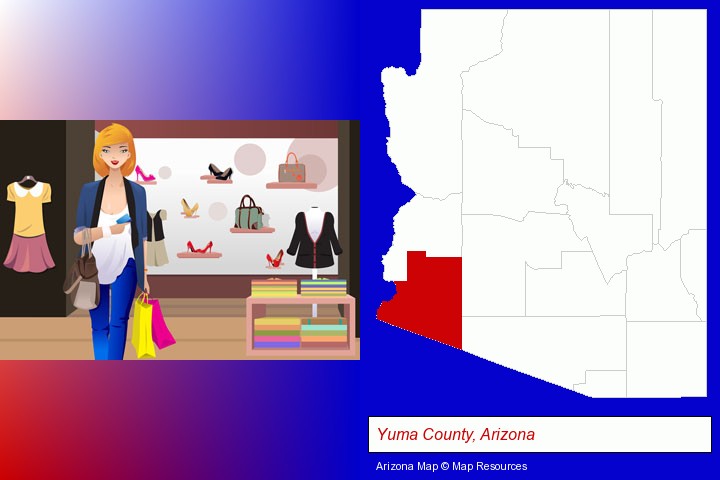a woman shopping in a clothing store; Yuma County, Arizona highlighted in red on a map