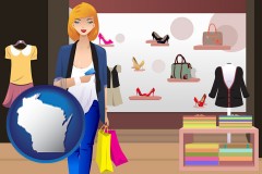 a woman shopping in a clothing store - with WI icon