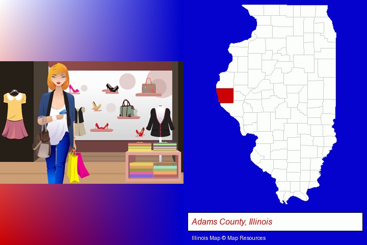 a woman shopping in a clothing store; Adams County, Illinois highlighted in red on a map