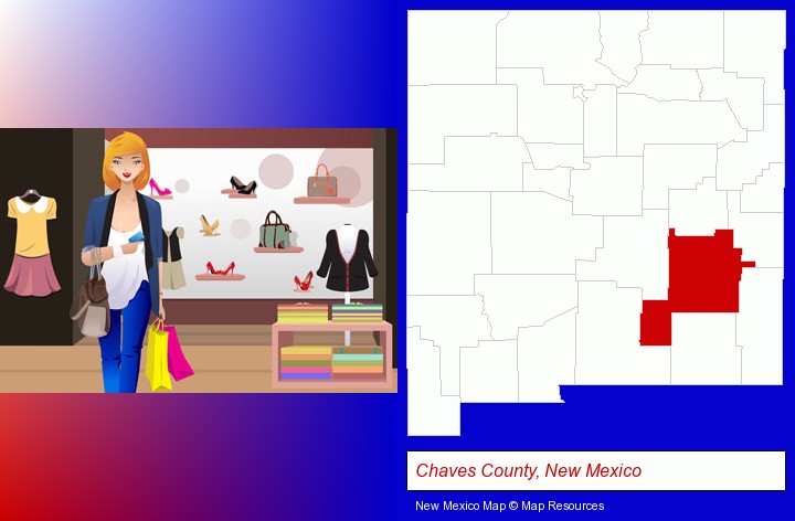 a woman shopping in a clothing store; Chaves County, New Mexico highlighted in red on a map