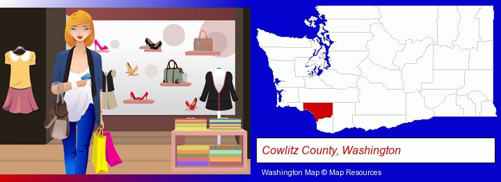 a woman shopping in a clothing store; Cowlitz County, Washington highlighted in red on a map