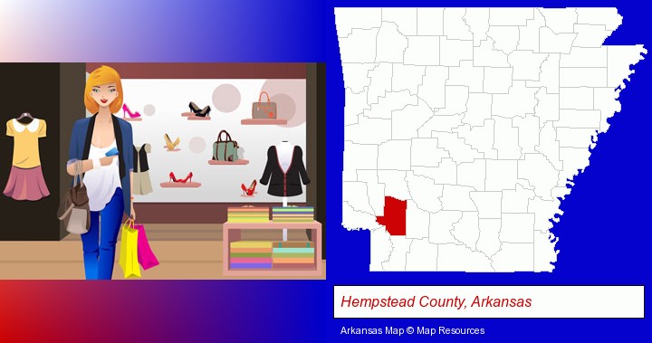 a woman shopping in a clothing store; Hempstead County, Arkansas highlighted in red on a map