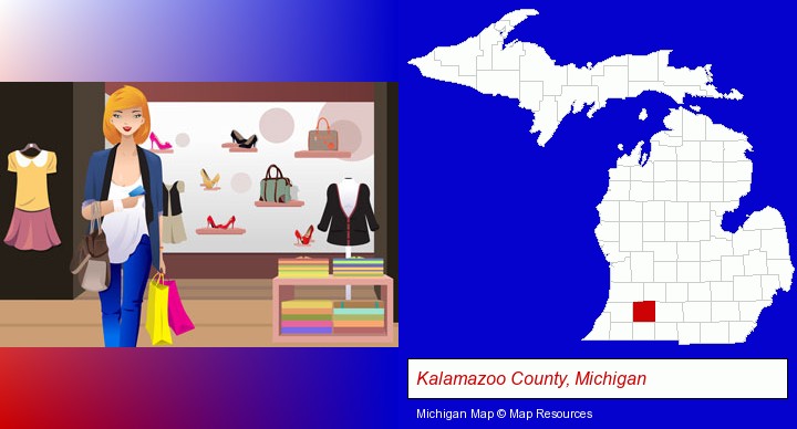 a woman shopping in a clothing store; Kalamazoo County, Michigan highlighted in red on a map