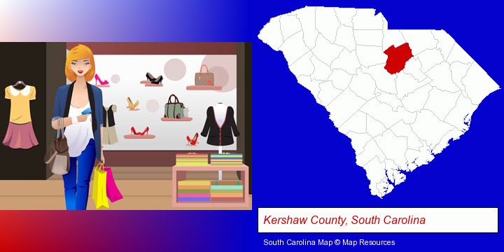 a woman shopping in a clothing store; Kershaw County, South Carolina highlighted in red on a map
