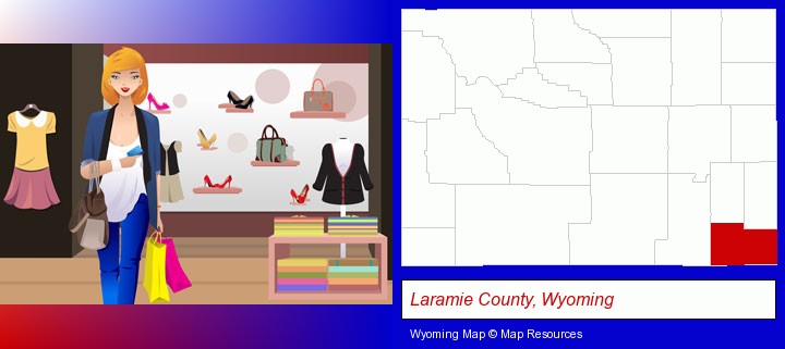 a woman shopping in a clothing store; Laramie County, Wyoming highlighted in red on a map