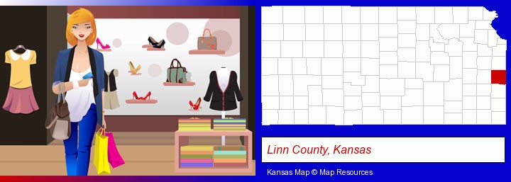 a woman shopping in a clothing store; Linn County, Kansas highlighted in red on a map