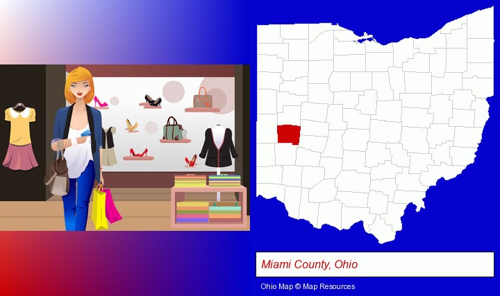 a woman shopping in a clothing store; Miami County, Ohio highlighted in red on a map
