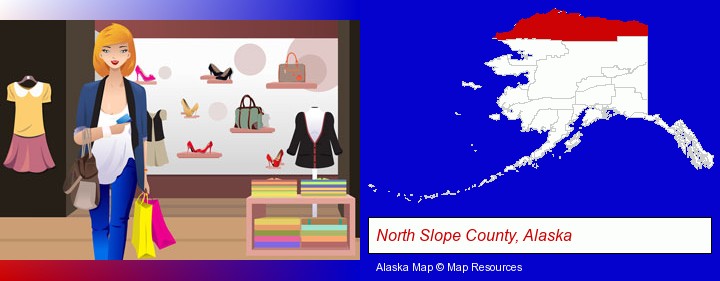 a woman shopping in a clothing store; North Slope County, Alaska highlighted in red on a map