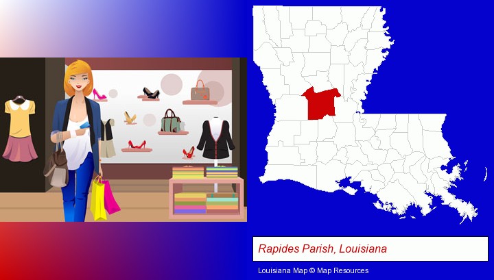 a woman shopping in a clothing store; Rapides Parish, Louisiana highlighted in red on a map