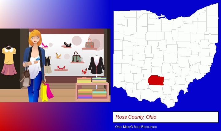 a woman shopping in a clothing store; Ross County, Ohio highlighted in red on a map