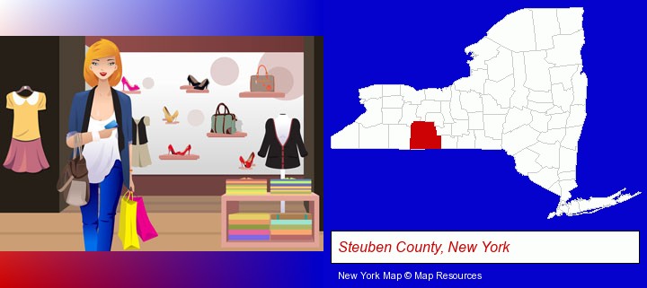 a woman shopping in a clothing store; Steuben County, New York highlighted in red on a map