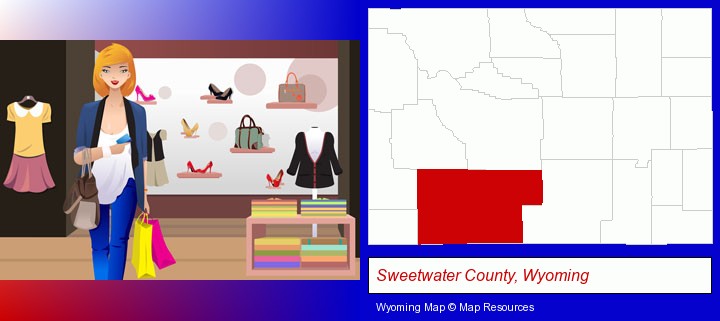 a woman shopping in a clothing store; Sweetwater County, Wyoming highlighted in red on a map